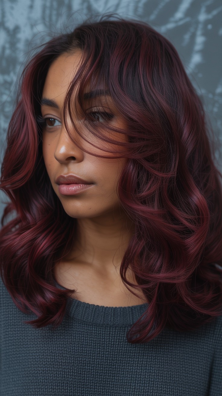 Medium-length hair styled in soft waves with a rich burgundy balayage featuring blended cherry and plum tones.