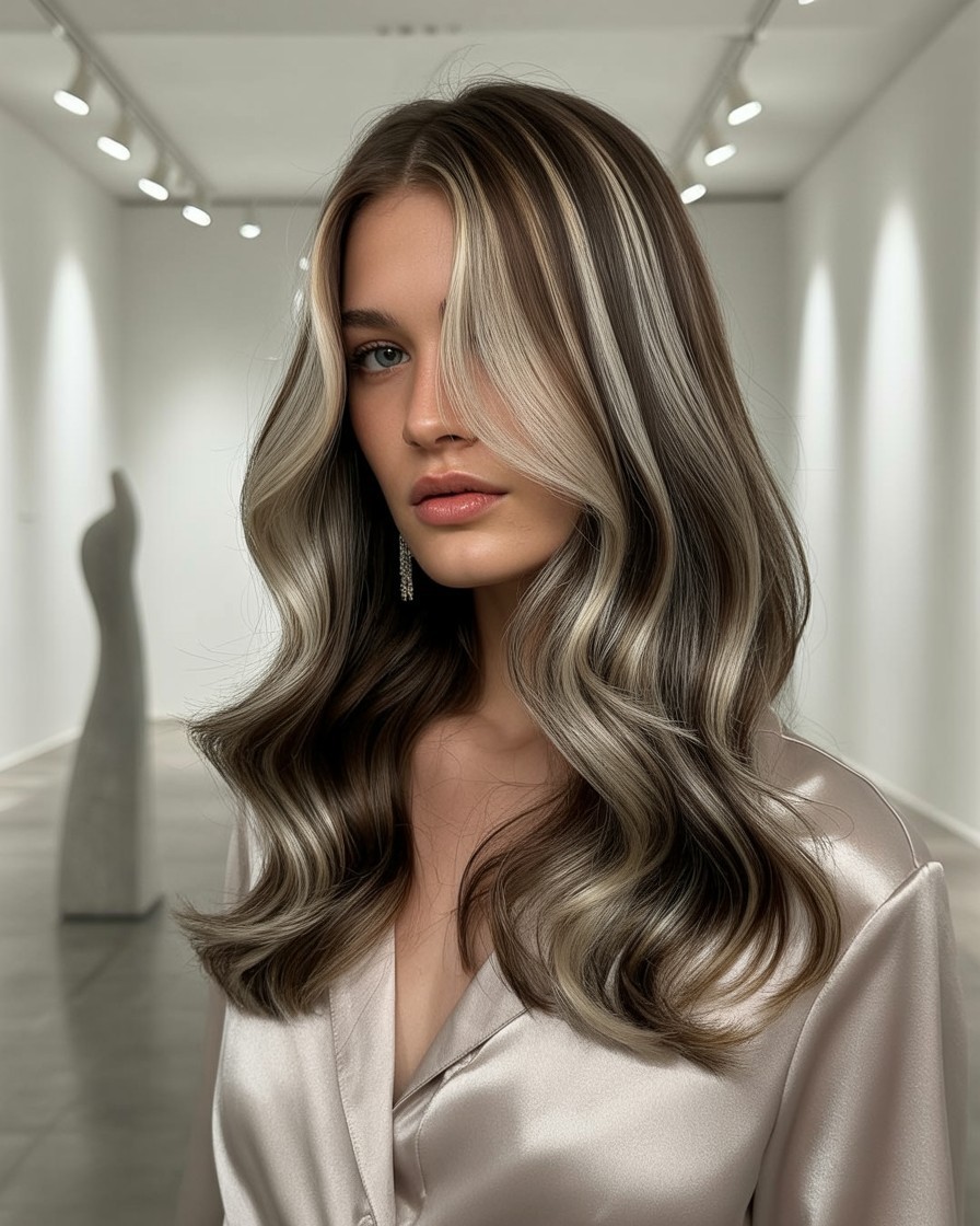 Glossy brunette hair with rooted ash brown base blending into pearl-toned balayage highlights, styled in reflective soft waves