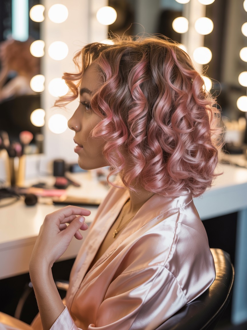 Curly rose gold balayage hair with soft pink and golden tones, styled near a backstage vanity mirror with warm lighting and a blush-toned silk robe.
