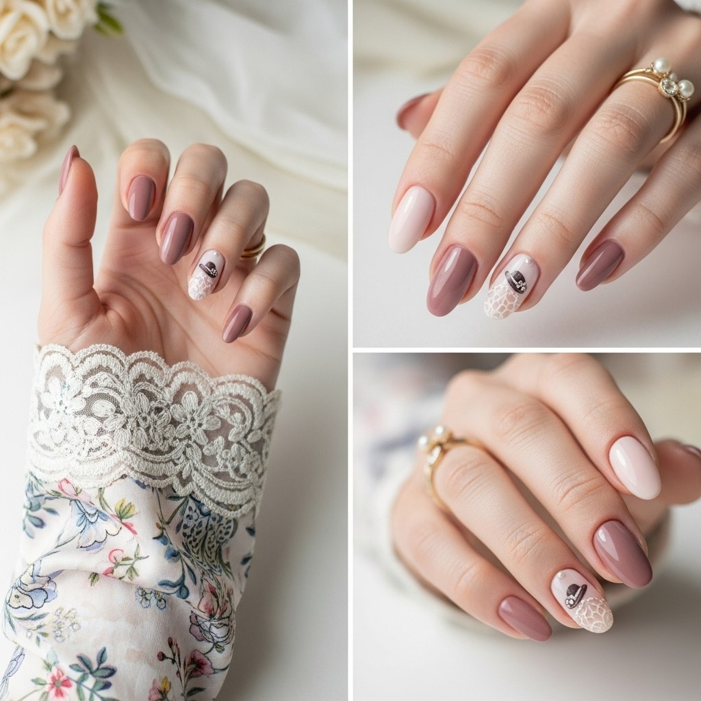 Composite image of three elegant hand poses showing taupe and nude manicures with black bow and pearl accents, styled with floral lace cuffs and delicate gold pearl jewelry.
