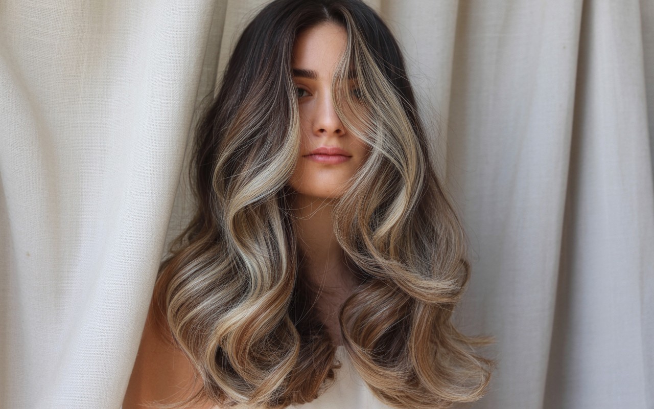Cool-toned salted caramel balayage on dark brown hair with soft beige and ash blonde highlights in loose waves.