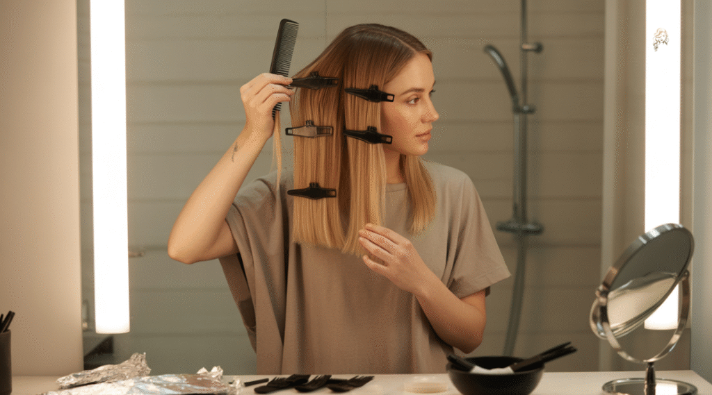 Woman sectioning her hair into quadrants using clips and a rat-tail comb while preparing to highlight her hair at home.