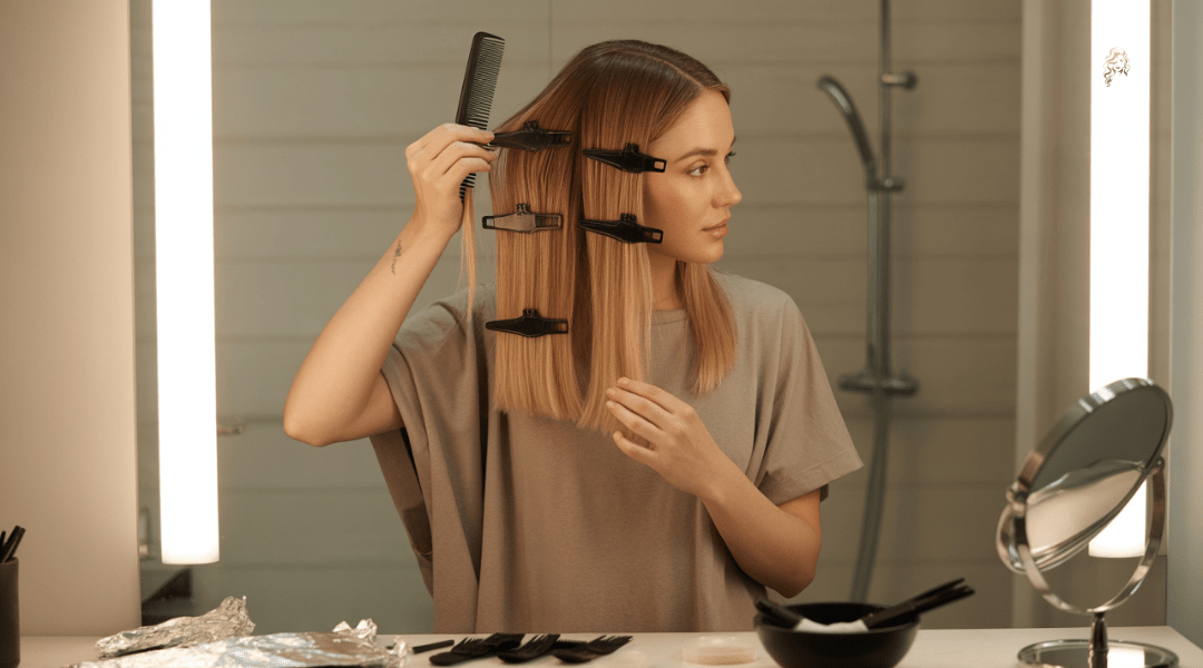 Woman sectioning her hair into quadrants using clips and a rat-tail comb while preparing to highlight her hair at home.