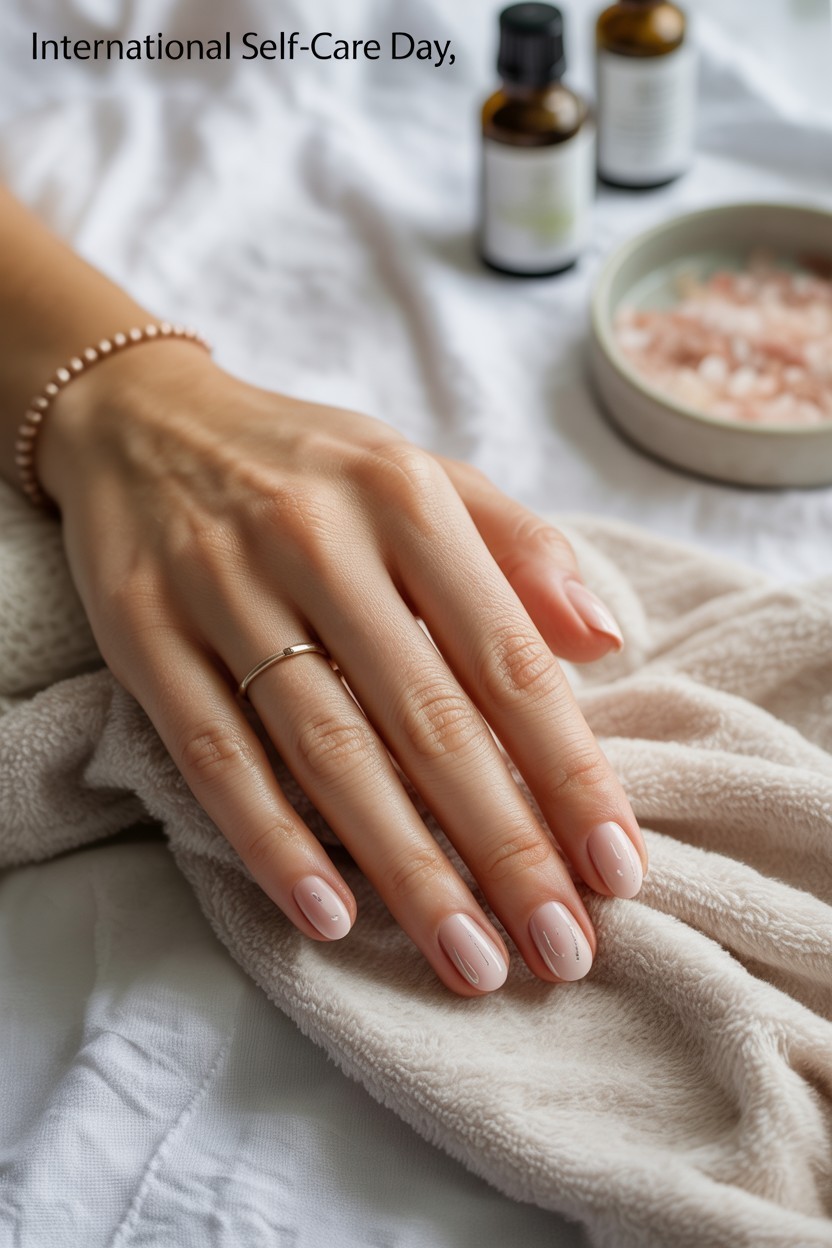 Natural hand with soft pastel nails in a self-care setting, styled with a cozy sleeve and spa-inspired background for International Self-Care Day.