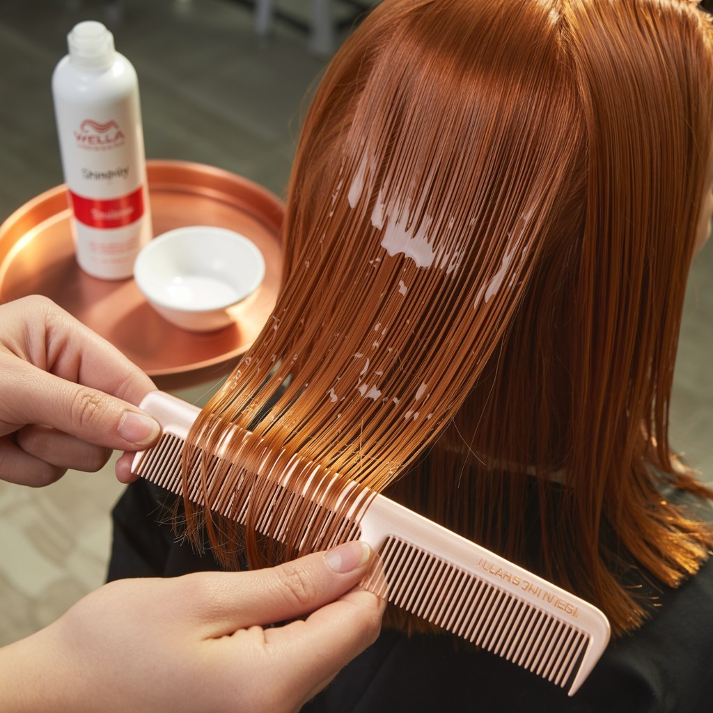 Stylist combing a clear shine glaze through copper balayage hair to boost gloss and smoothness.