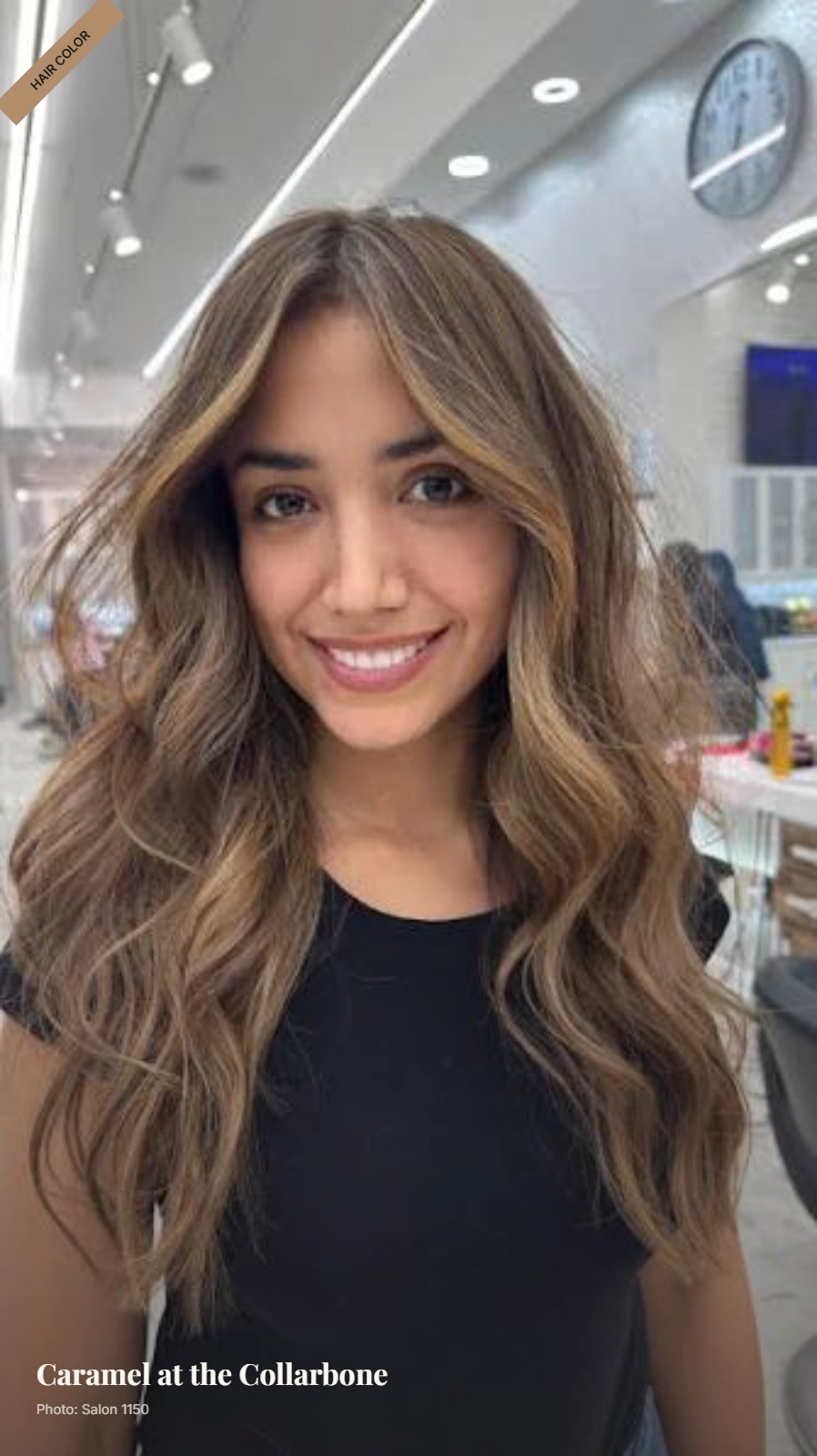Shoulder-length brown hair with caramel balayage, soft layers, and loose waves