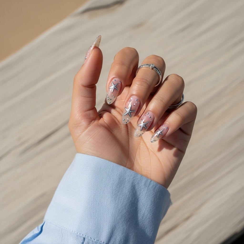 Silver starfish nail art on nude polish with coastal shimmer details, shown on a relaxed hand with a soft linen sleeve and textured, beachy background.