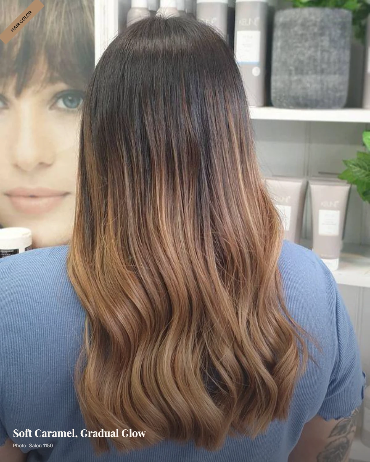 Medium-length brunette hair with subtle caramel ombré balayage in soft waves