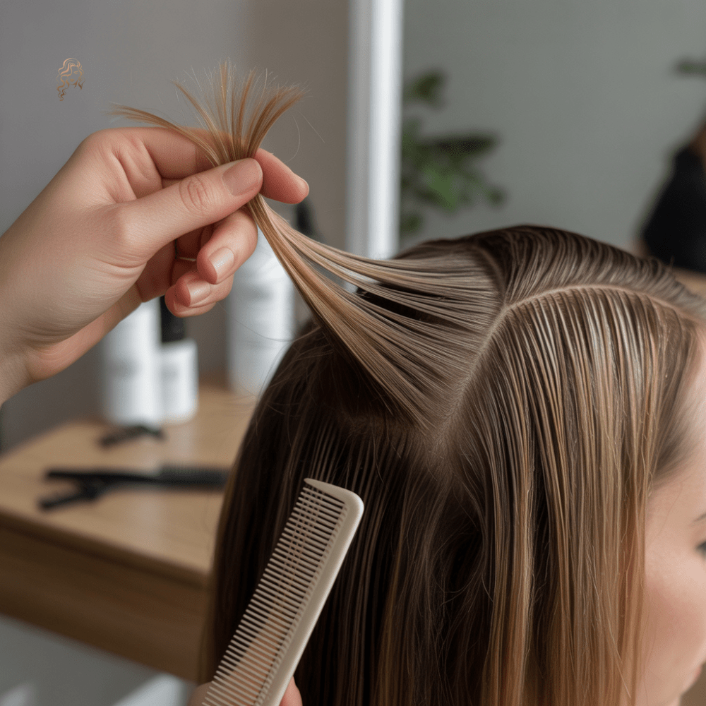 Close-up of clean hair subsections within a quadrant, showing both horizontal and diagonal partings for different highlighting techniques.