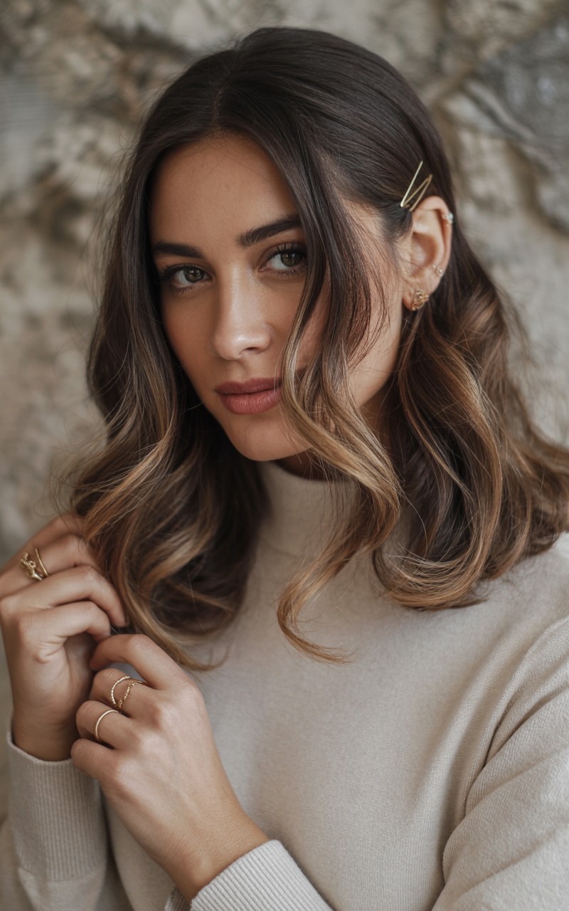 Medium-length brunette hair with a subtle ombré caramel balayage, styled in soft waves with golden and toffee highlights.