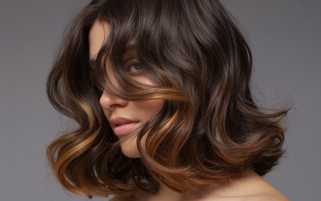 Subtle peek-a-boo caramel highlights under dark brunette hair, softly visible through waves.