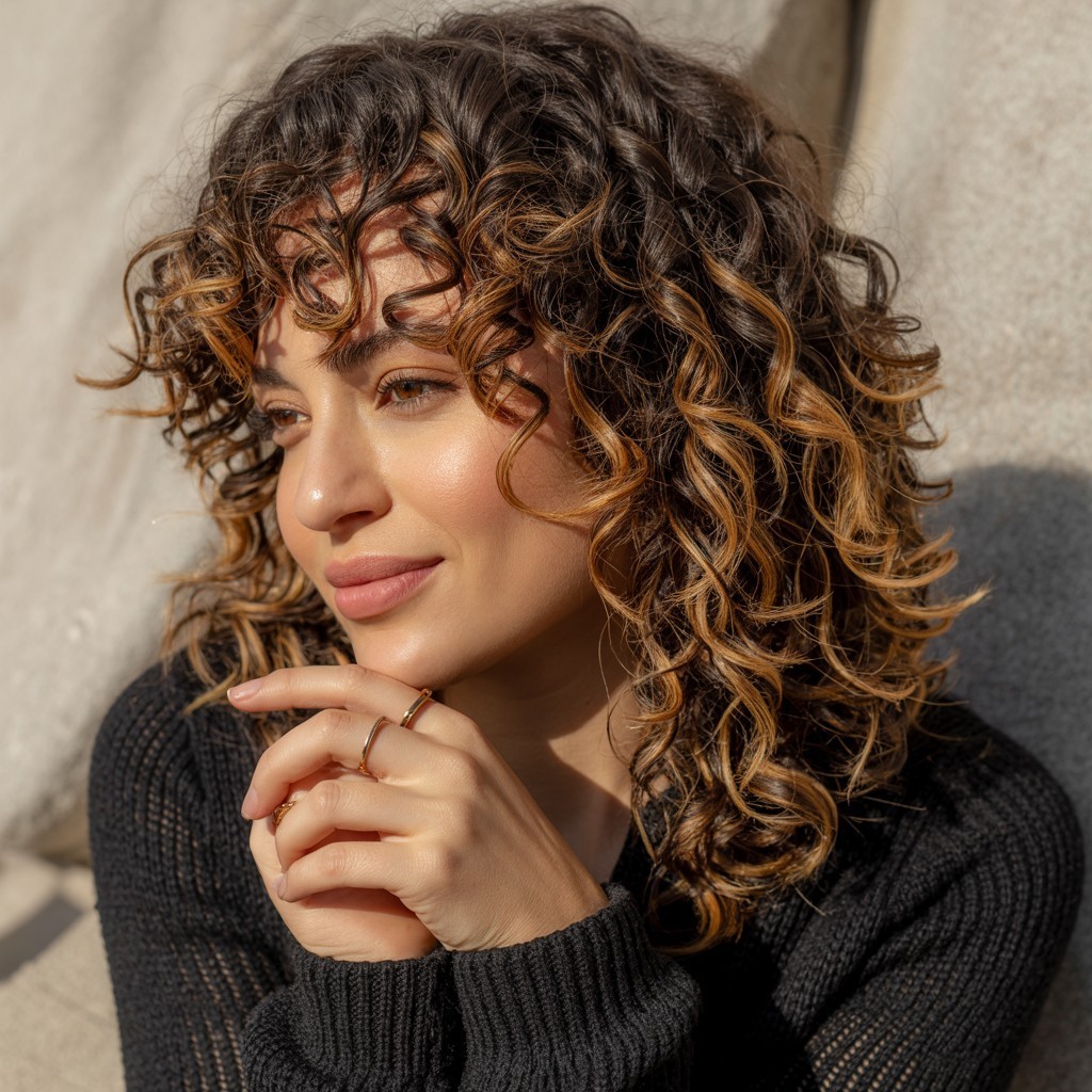Curly dark brown hair with sun-kissed caramel balayage highlights, styled with gold rings and a black knit sleeve against a soft stone background.