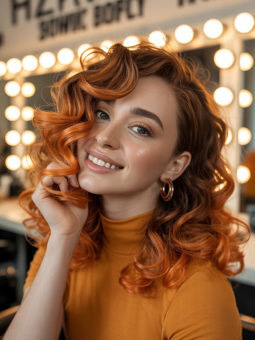 Curly hair in sunlit ginger balayage with warm copper and amber tones, styled with a burnt orange turtleneck in a softly lit backstage setting.