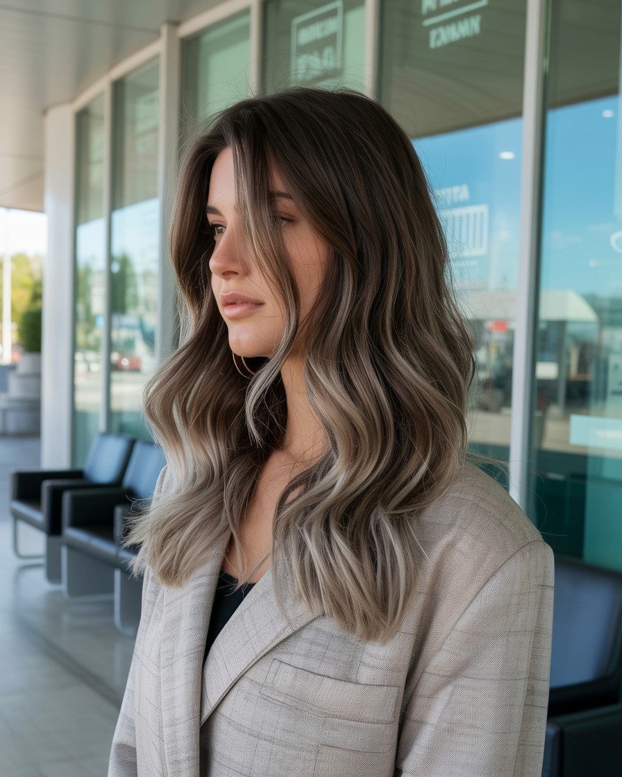 Shoulder-length brunette hair with taupe balayage tips, featuring a soft fade from ash brown to cool beige tones on loose waves