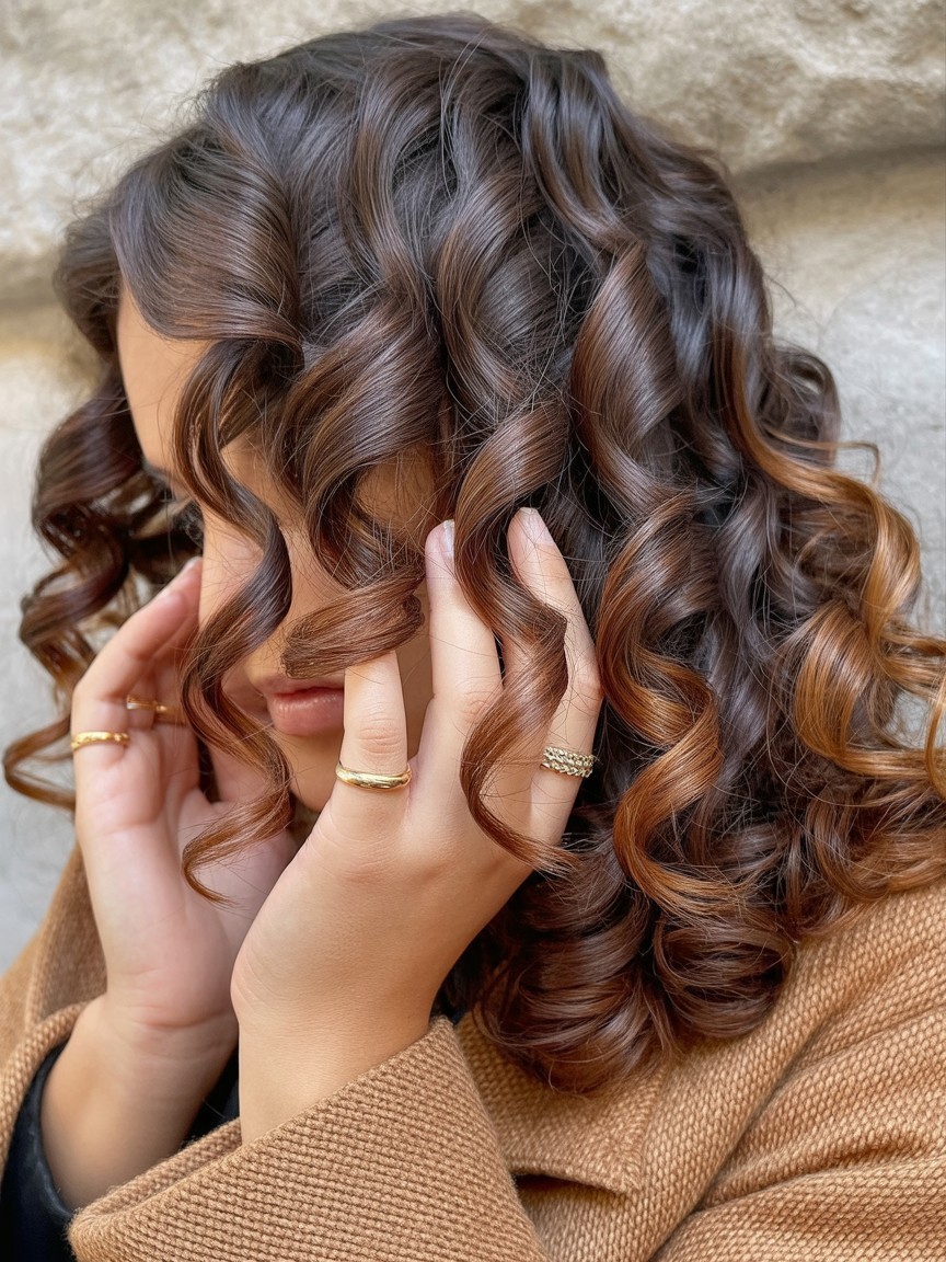 Curly dark brown hair with toffee ribbon balayage, styled with gold rings and a cozy brown sleeve against a neutral stone background.