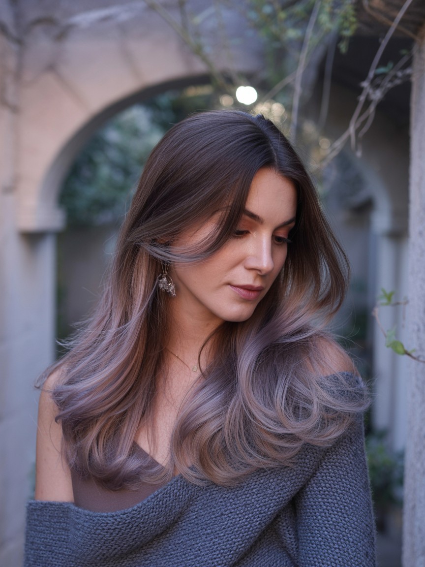 Woman with long, wavy hair in twilight ash balayage featuring ash brown roots blending into gray, mauve-brown, and ash blonde ends in soft evening light.