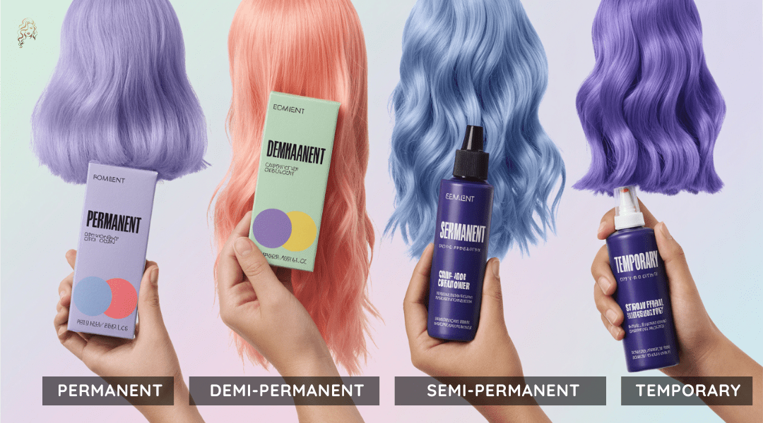 Comparison of permanent, demi-permanent, semi-permanent, and temporary hair color options with matching products and hair swatches.