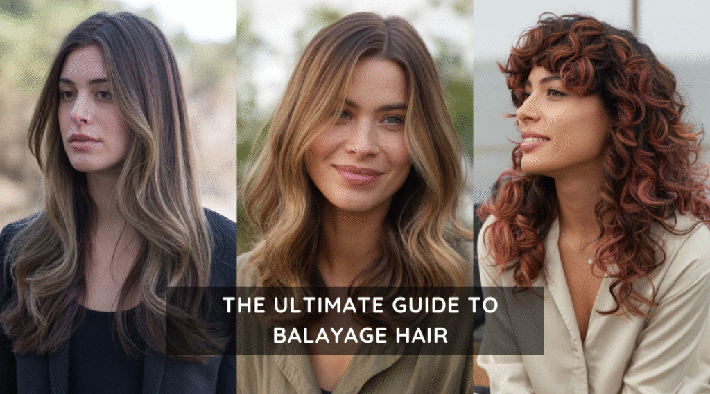 Three-column collage of balayage hairstyles with the text “The Ultimate Guide to Balayage Hair” overlayed. Features ash brown, caramel, and copper balayage on straight, wavy, and curly hair textures.