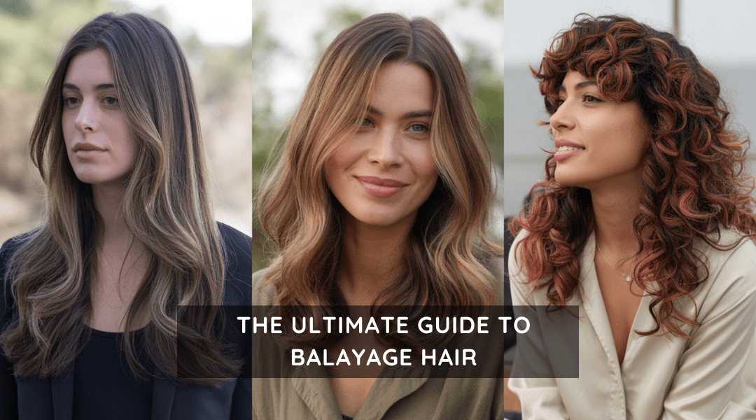 Three-column collage of balayage hairstyles with the text “The Ultimate Guide to Balayage Hair” overlayed. Features ash brown, caramel, and copper balayage on straight, wavy, and curly hair textures.