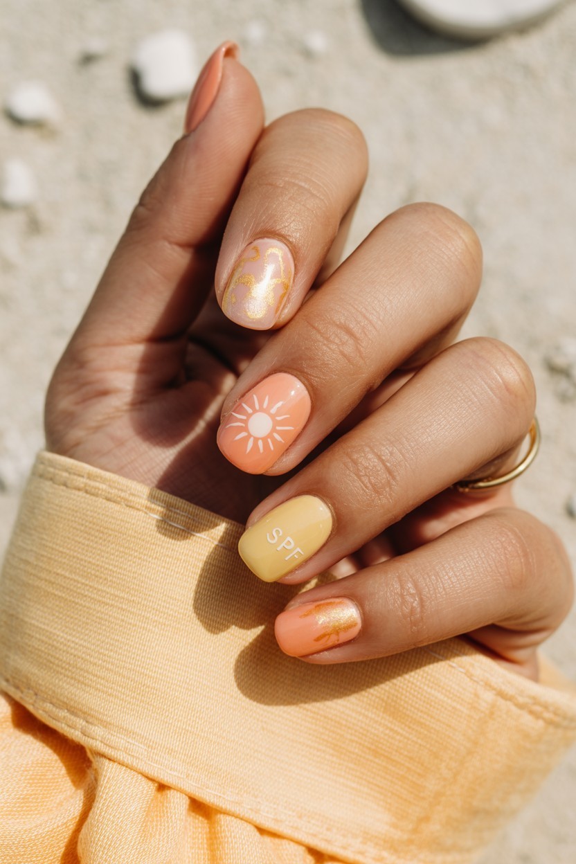 Nail art inspired by UV safety, with glossy pastel tones, sun motifs, and subtle SPF accents, shown on a relaxed hand with a summery sleeve and bright natural background.