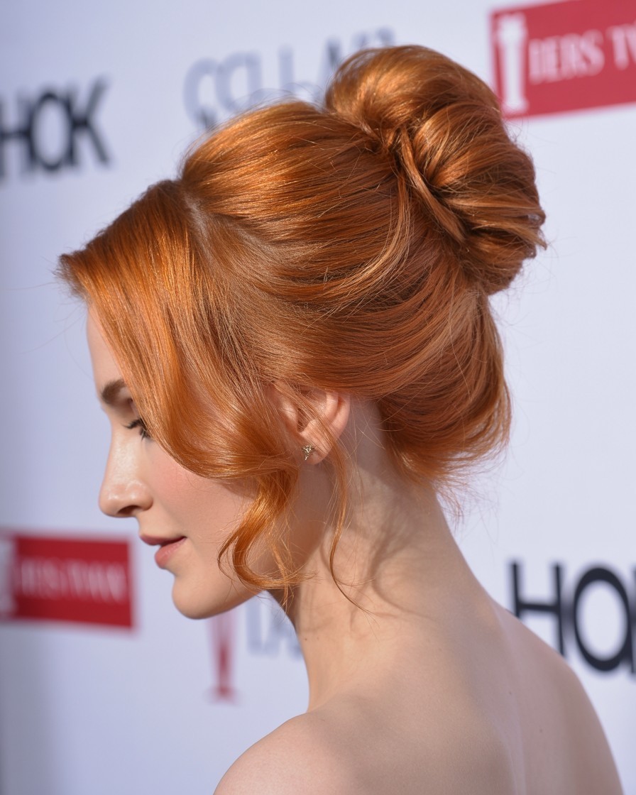 Jessica Chastain with a formal copper balayage updo, featuring rich copper tones and sculpted volume at a red carpet event.