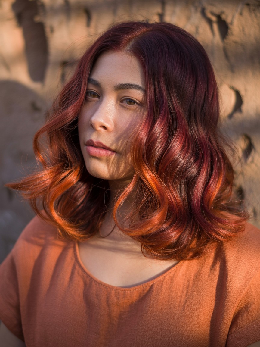 Soft wavy hair with vivid mahogany copper balayage, blending a deep red-brown base with glowing copper and rust highlights.
