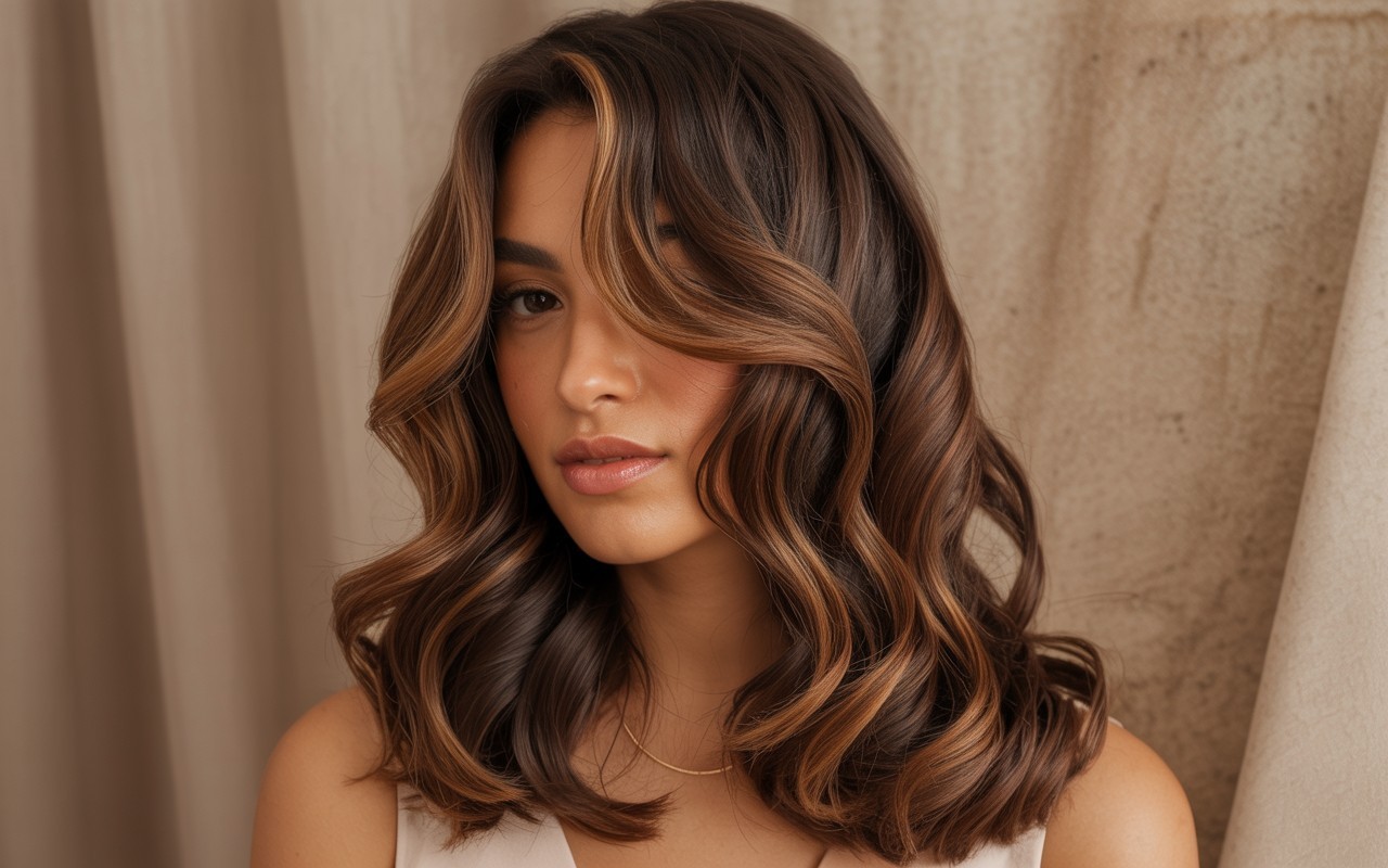 Warm chocolate brown hair with rich caramel balayage highlights styled in soft, voluminous waves under warm, natural light.