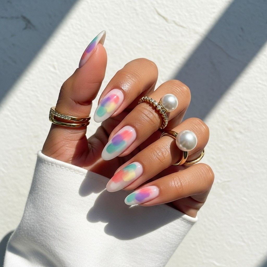 Soft watercolor nail art in pastel tones on a natural hand with a pale sleeve, photographed with gentle lighting and a textured background.