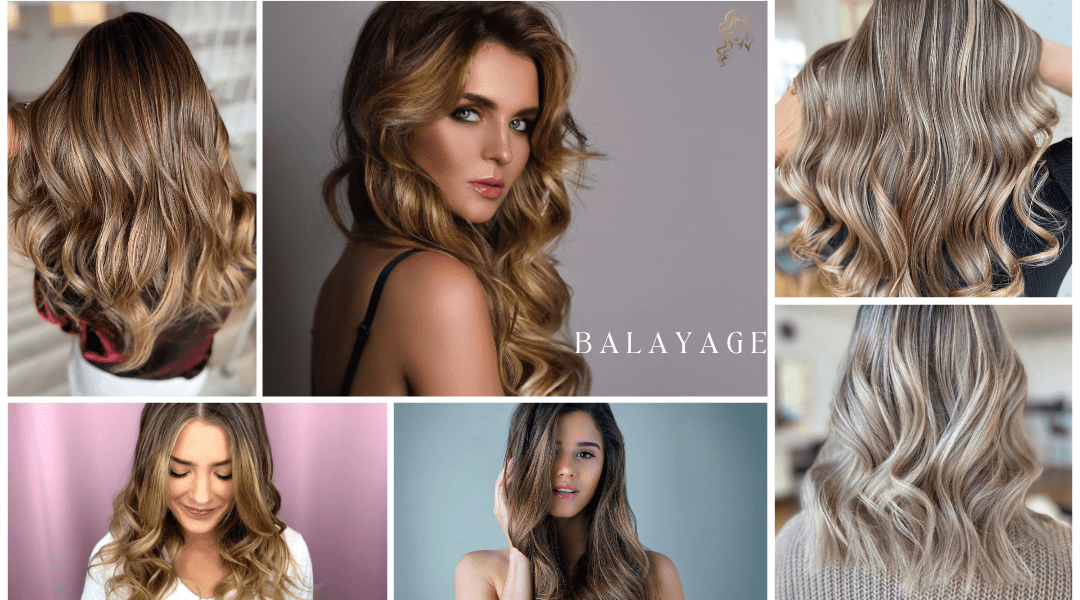 Collage of six balayage hairstyles featuring straight, wavy, and layered cuts with soft color gradients. Includes blonde, caramel, copper, and ash brown tones on various hair textures, with a central model in a salon-like setting under the word “BALAYAGE.”