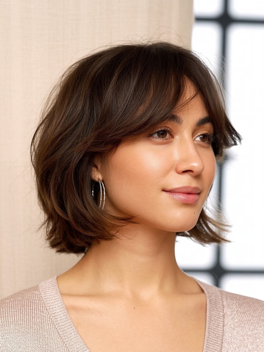 woman with textured lob haircut and feathery fringe in soft side profile with natural lighting

