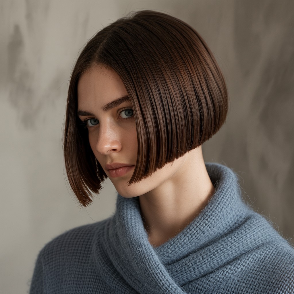 woman with angled bob haircut, sharp forward slope and clean lines that flatter a round face shape

