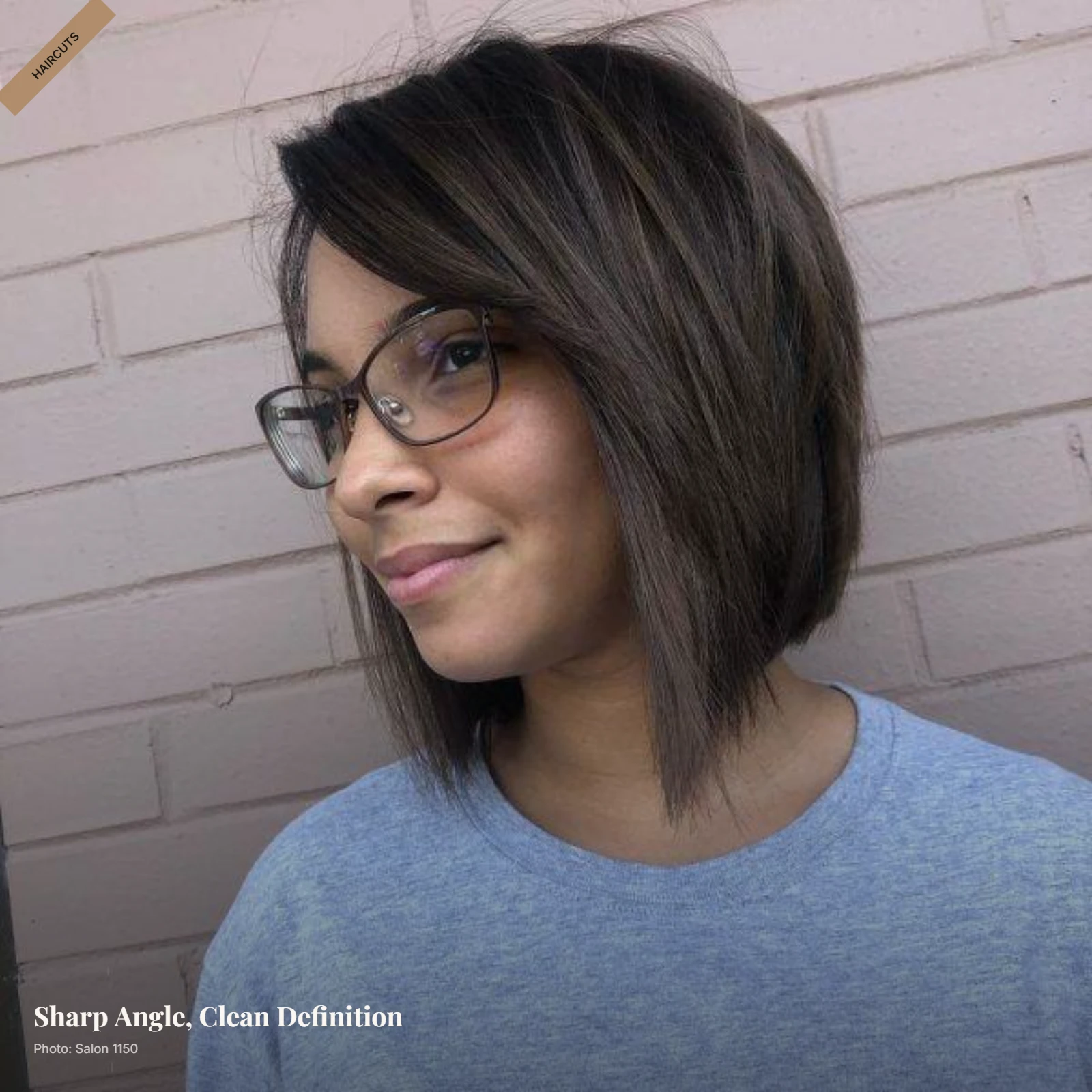 Angled bob with shorter back and longer front framing a round face