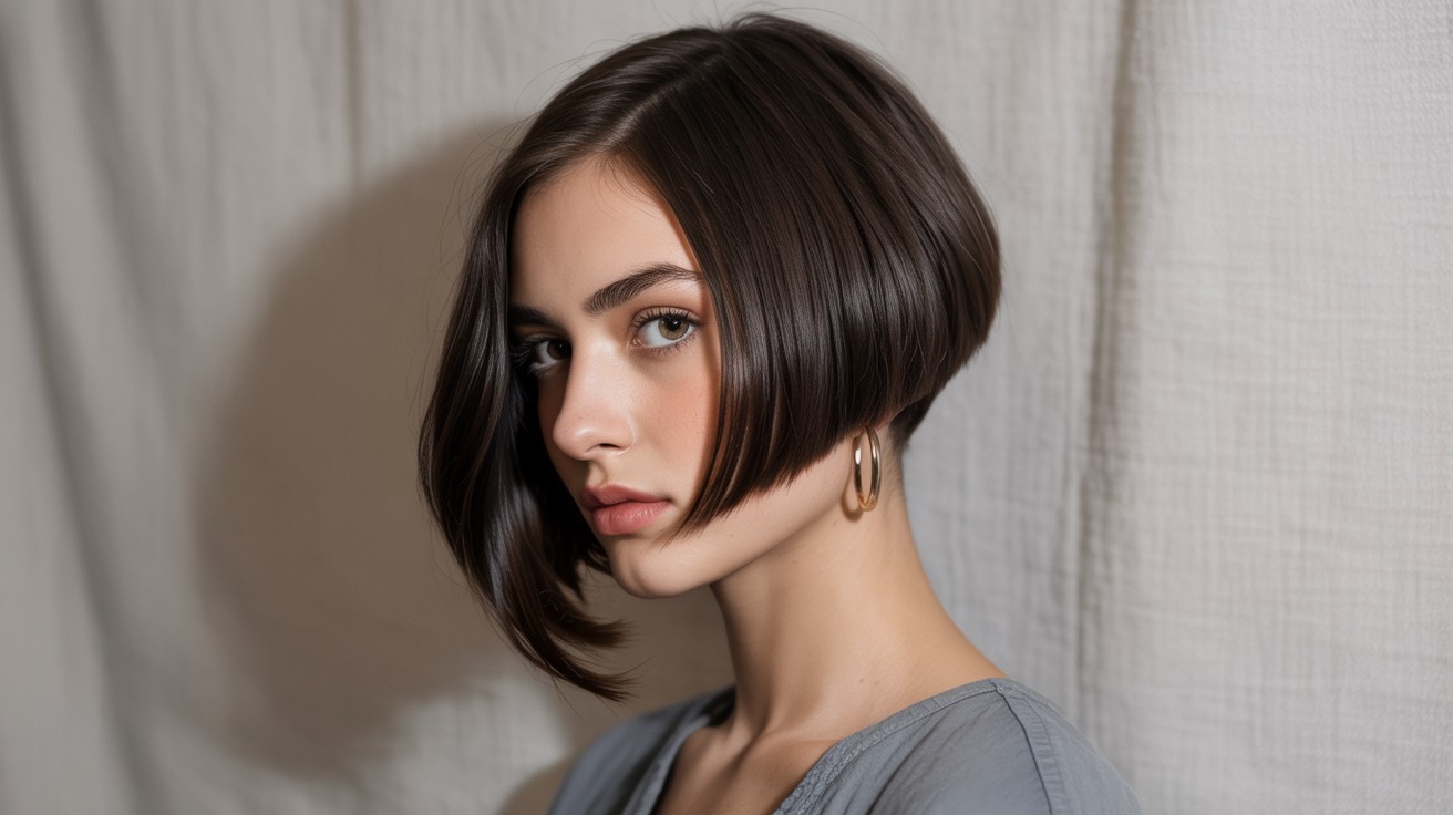 woman with asymmetrical bob haircut, longer front section styled to flatter round face shape

