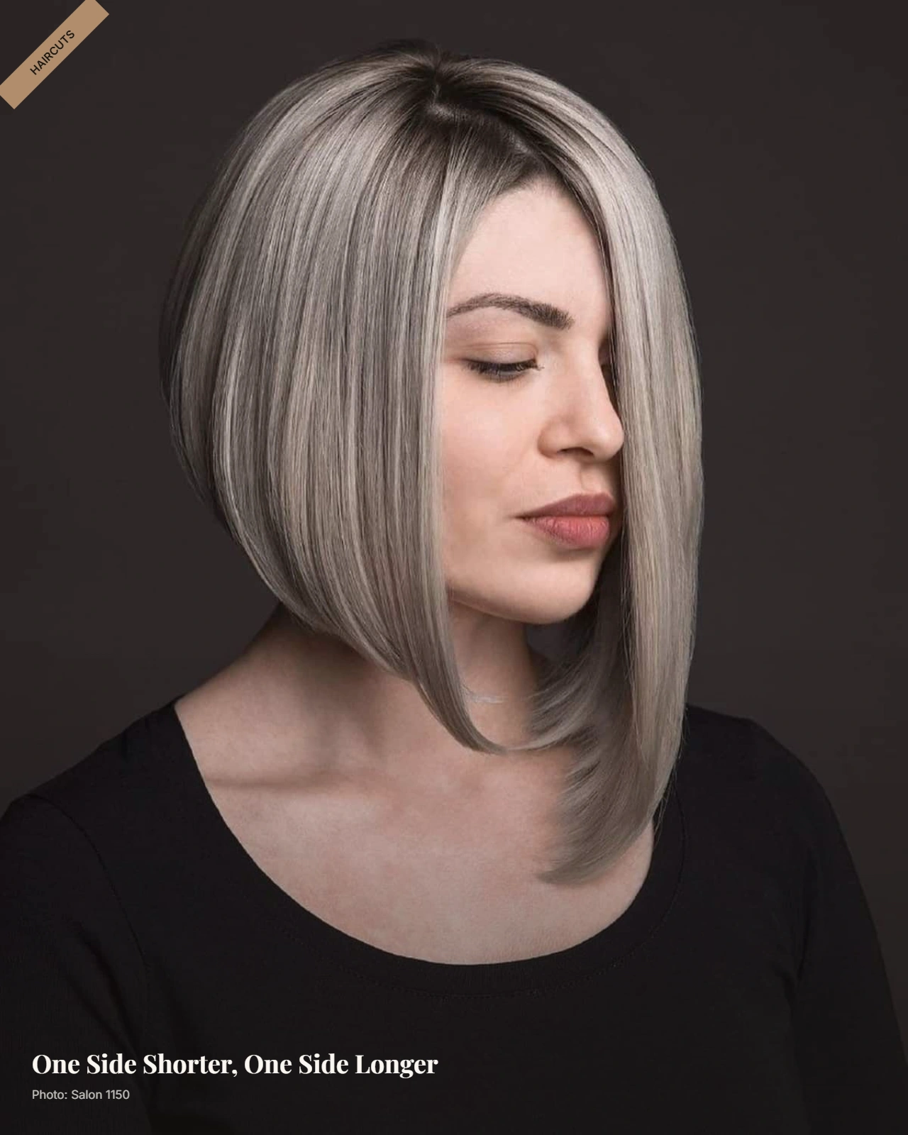 Asymmetrical bob with one side shorter and a longer front section framing a round face