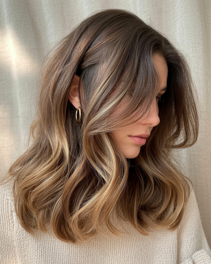 woman with layered haircut and balayage highlights, soft waves and blended tones for round face shape

