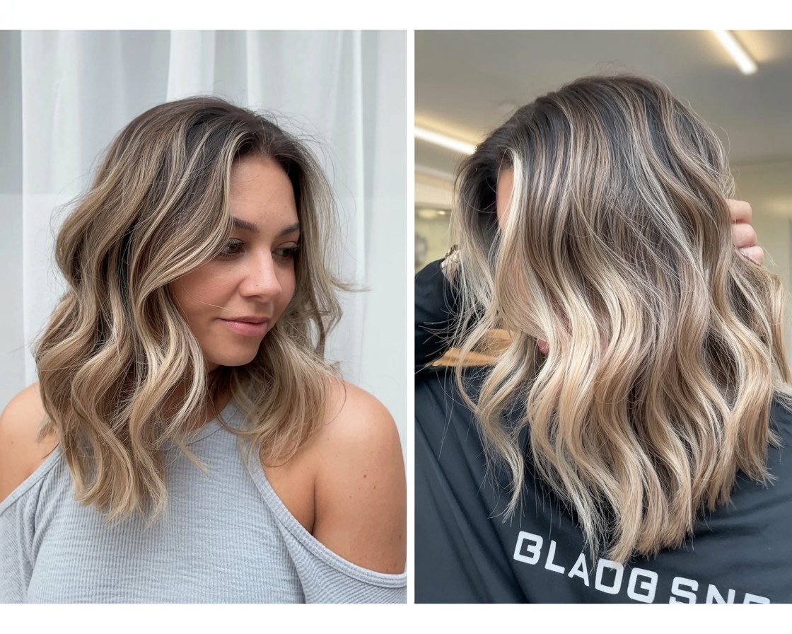 Woman with a round face wearing her medium-length hair in soft, textured beachy waves.

