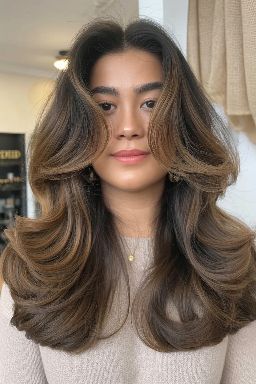 woman with voluminous blowout butterfly cut, swooping layers styled to flatter round face shape

