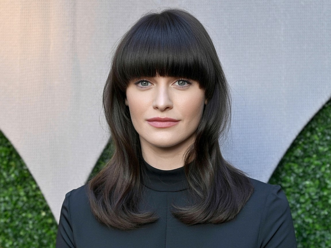 woman with blunt straight-across bangs, sleek hairstyle that adds structure to round face shape