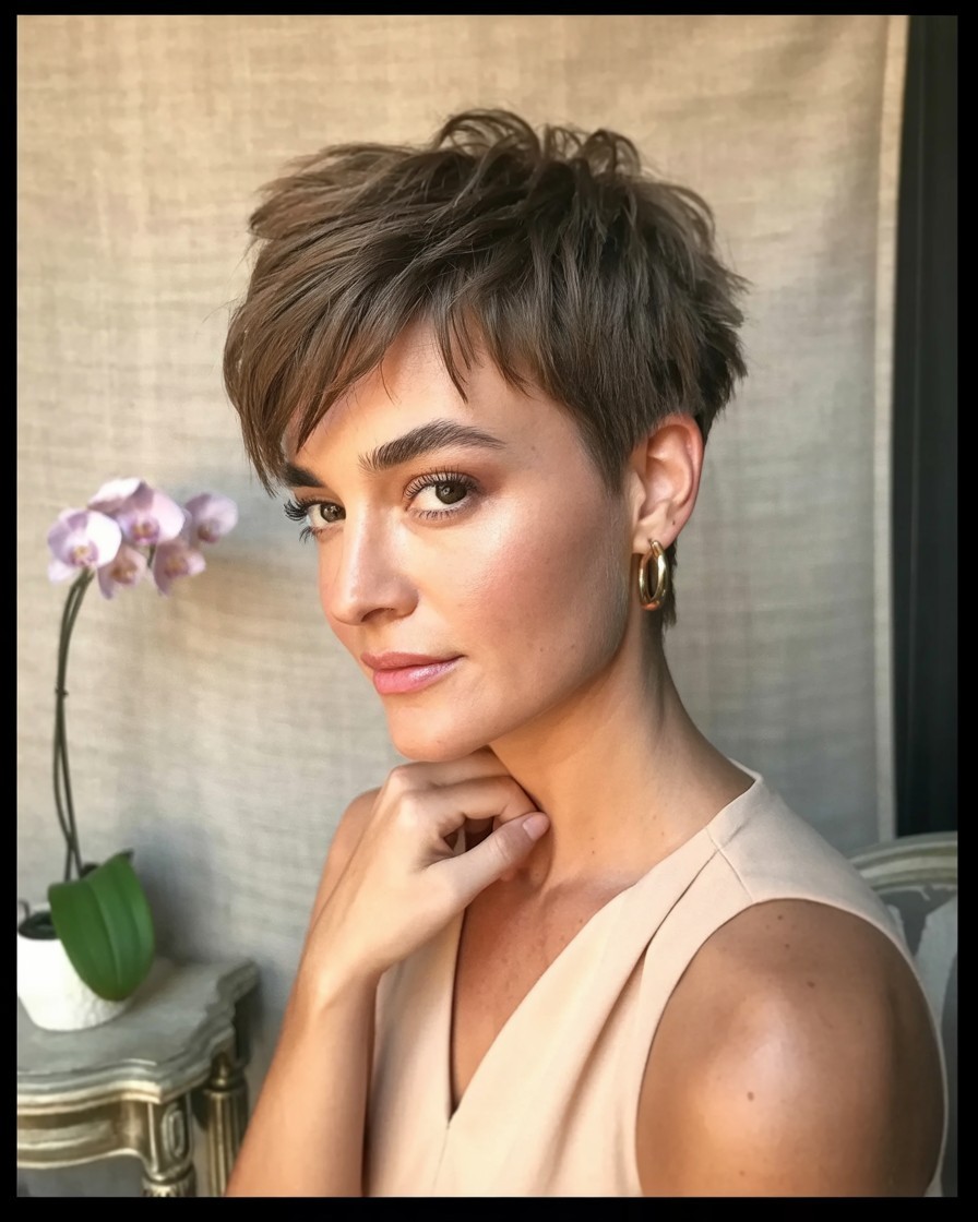 woman with choppy pixie haircut, short textured layers styled to flatter a round face shape

