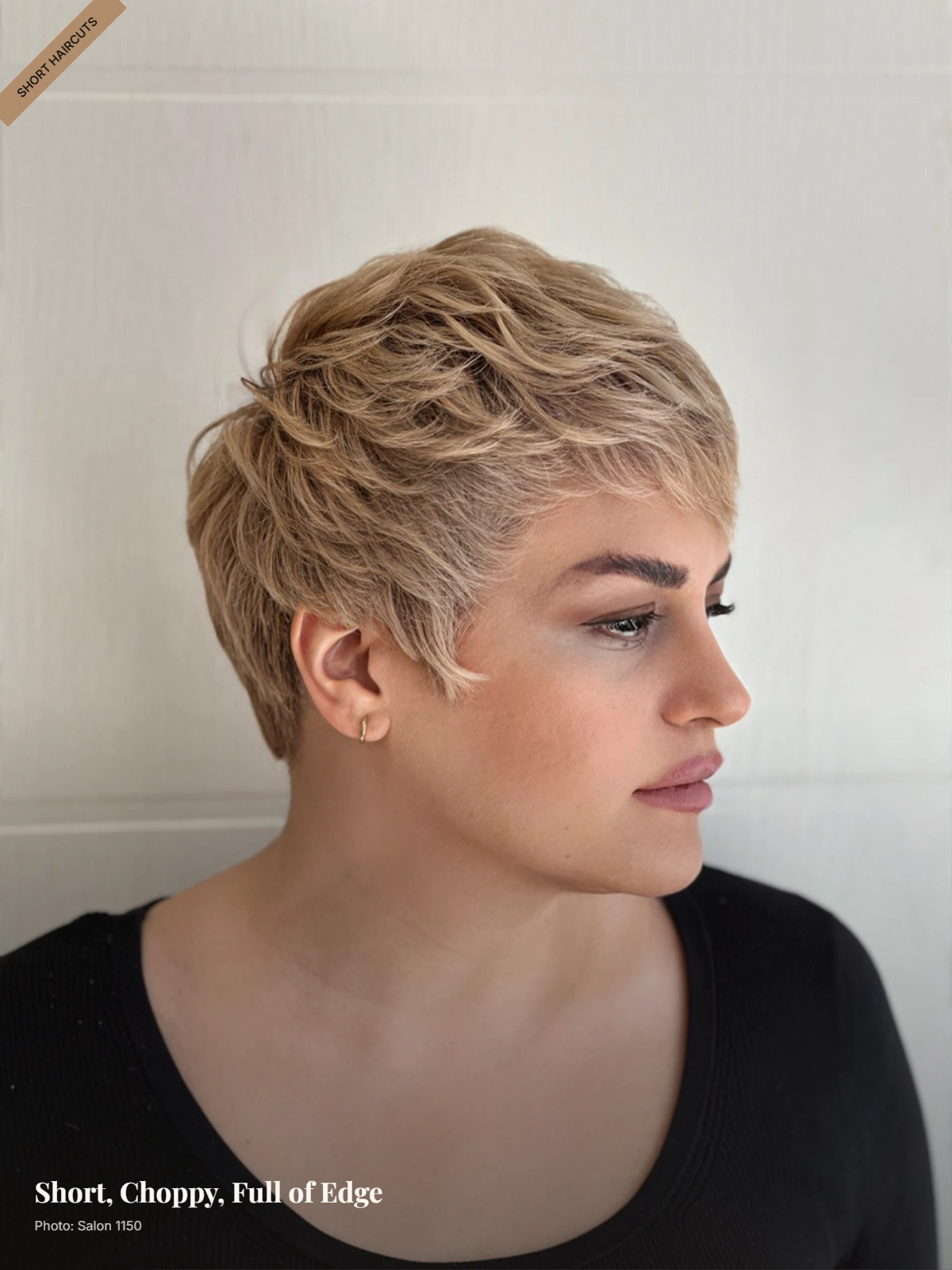 Choppy pixie with short textured layers and lifted crown framing a round face