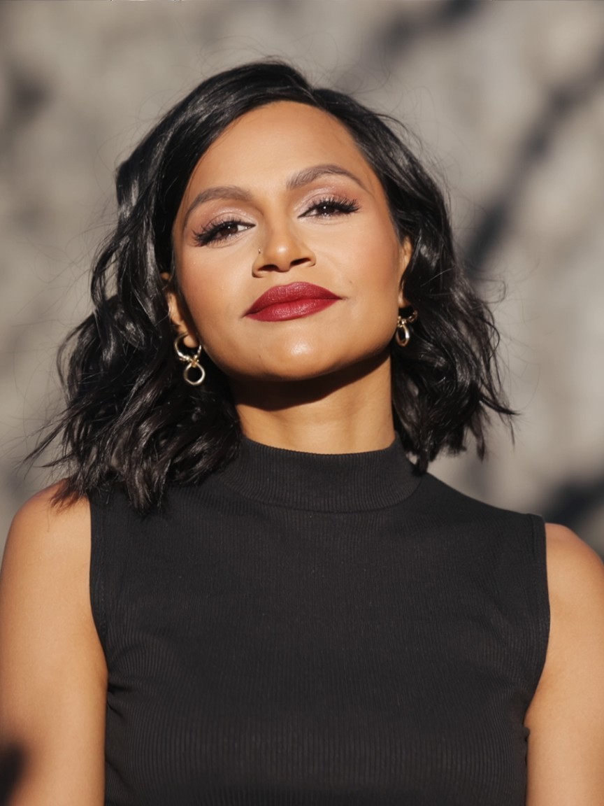 Woman with a round face wearing a textured crinkled lob haircut, soft waves and a center part adding volume and shape