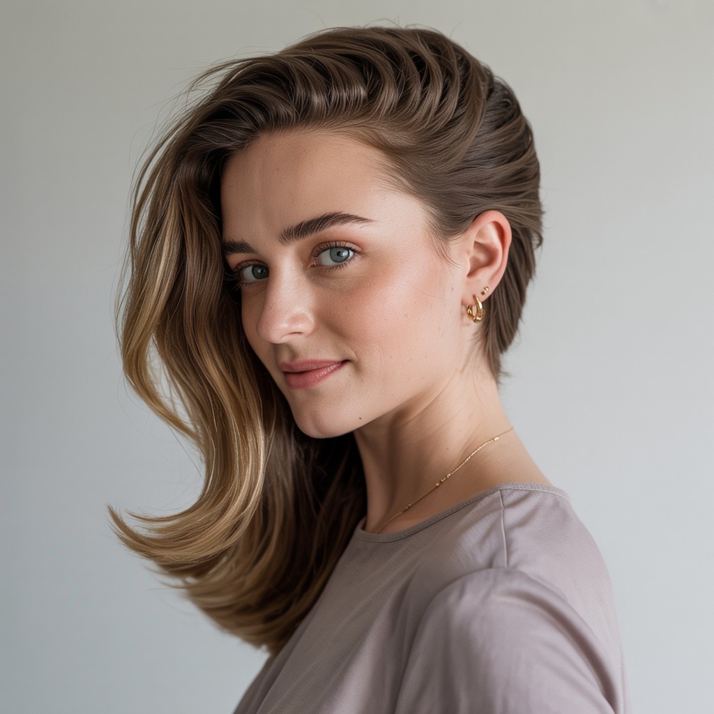 Woman with a round face wearing a deep side part hairstyle with smooth volume and diagonal sweep