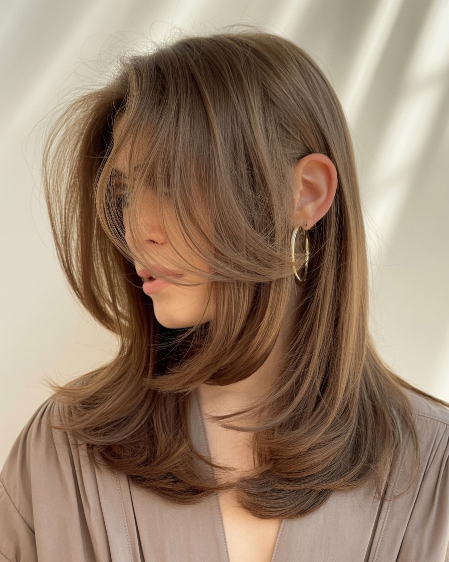 woman with medium-length defined layers, soft volume and structured shape flattering a round face


