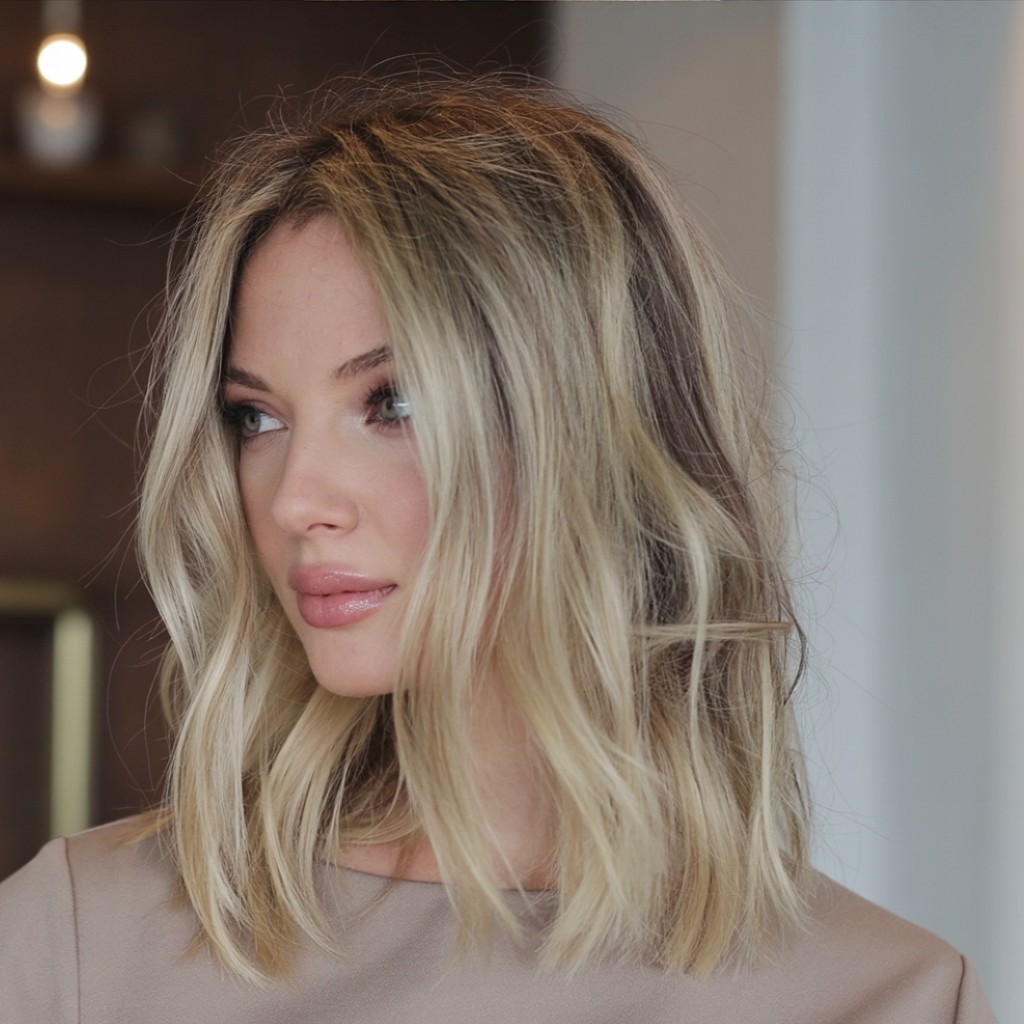 Woman with mid-length face-framing disconnected layers, soft waves around the cheeks, and slightly tousled texture

