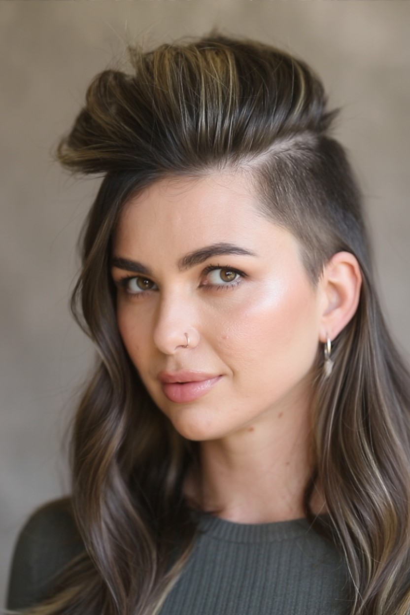 woman with voluminous faux hawk hairstyle, tapered sides and lifted crown flattering a round face

