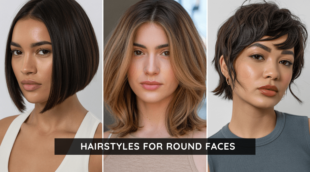 collage of three flattering haircuts for round faces featuring a sleek angled bob, long wavy layers with side bangs, and a piecey pixie with long fringe