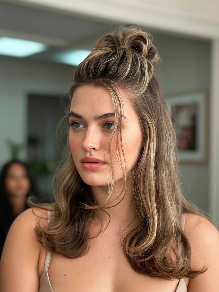 Woman with a round face wearing a split half-up, half-down hairstyle with soft waves and face-framing strands.

