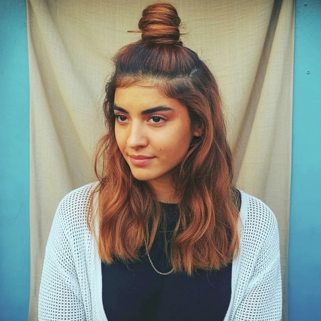 woman with half-up top knot hairstyle, soft waves and lifted crown flattering a round face shape

