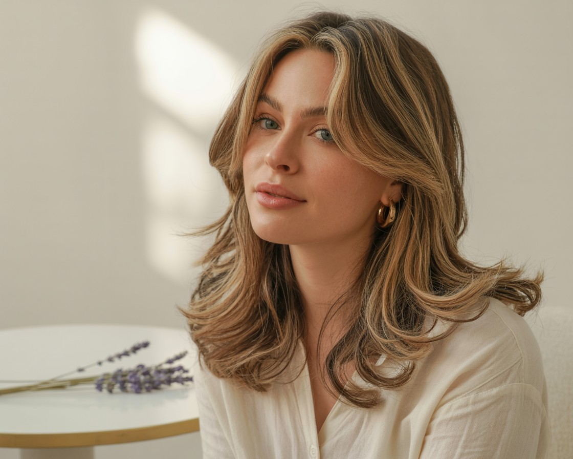Woman with a round face and long layered hair featuring soft waves and sun-kissed highlights.

