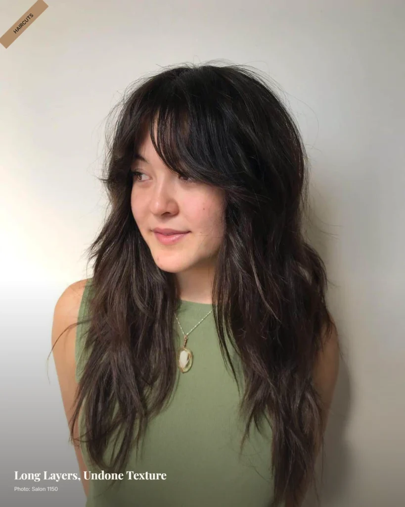 Long shaggy haircut with choppy layers, crown texture and face-framing movement